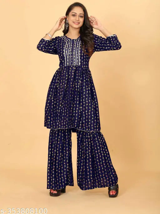 Cotton Foil Pritnted Kurti Sharara Set for Beautiful Girls