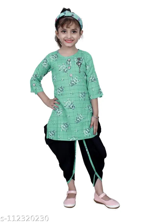 Hariyal Creation Kids Party/Festive Rama Green Designer Checked Patiala Suit For Girls