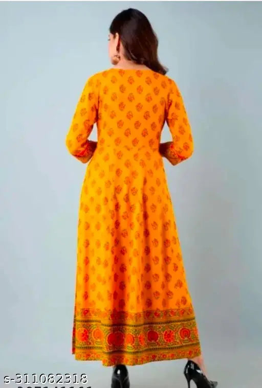 women's printed yellow anarkali jaipur kurti