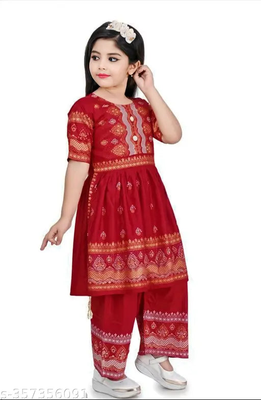 Lovely Fashion Nyra Cut Girls Printed Party Wear Palazzos Sets Red