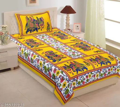 100% Cotton Jaipuri Single Bedsheet 1 Bedsheet with 1 Pillow cover (Gangor-Yellow)