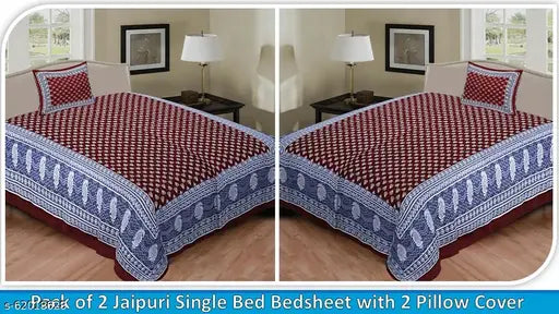 Cotton Fabric Jaipuri Printed Single Bed Bedsheet Pack of 2 Bedsheet with 2 Pillow Cover