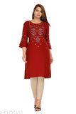 Rayon Trendy Solid Stylish Embroidered Kurti Maroon| Regular Fit Stright Cut Kurti | Kurta Casual Wear Office Wear For Women | Kurti For Jeans Leggings Women's Ladies