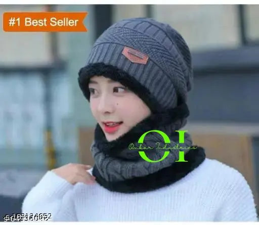 Attractive Women Caps Winter Beanie Hat Scarf Set Warm Knitted Thick Fleece Lined Winter Cap Scarves (Unisex freesize) Assorted Colors Best Deals On Gillkart By Omkar Industries®