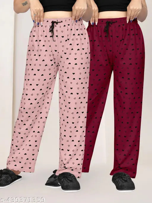 Women Baby Pink/Maroon Pack Of 2 Printed Pure Cotton Pyjamas.Combo Pack Of 2