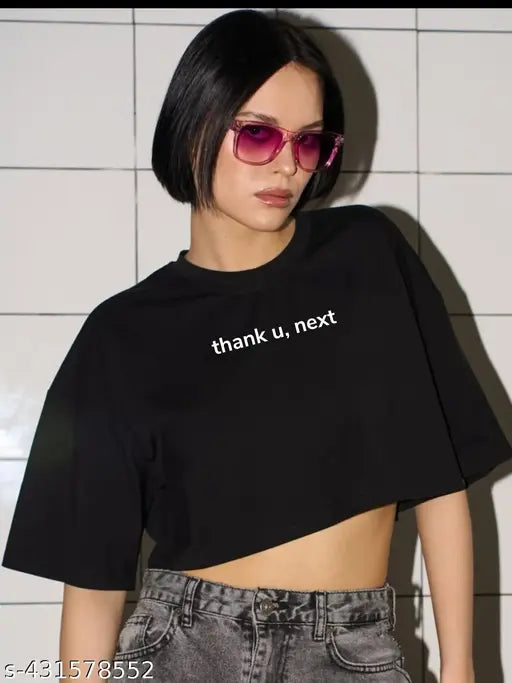 Thank,U-Black Color Half Sleeve Cropped T-Shirts Drop Shoulder Round Neck Crop Tops Casual Summer Solid Color Women's & Girl's Basic Tees