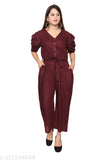 Ladik way: Trendy women Maroon solid long stylish jumpsuit puff sleeves v-neck closure button jumpsuit womens & girls.Elegant one-piece outfit, Modern jumpsuit design, Solid color jumpsuit, Women's party outfit, Fashionable women's and girls jumpsuit.