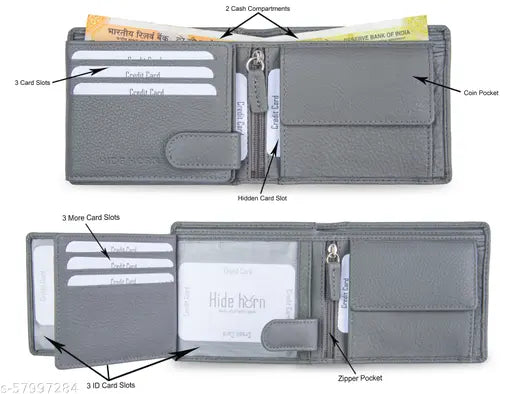 Hide Horn Bi-Fold Grey Leather Men's RFID protected Wallet