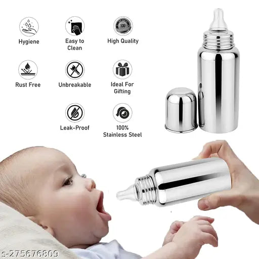 Baby Milk Feeding Bottle with Stainless-Steel 302 GRADE & Nipple Absolute Light Weight Leakage Proof Easy Clean Design - 250 ML ( Pack of 2 )