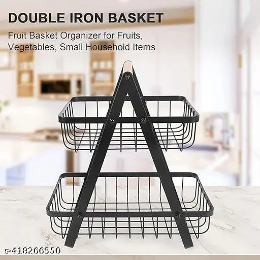 FreshDcart Double Layer Kitchen Fruit Holder Rack Vegetable Basket with Wood Handle for Home Kitchens (Black)