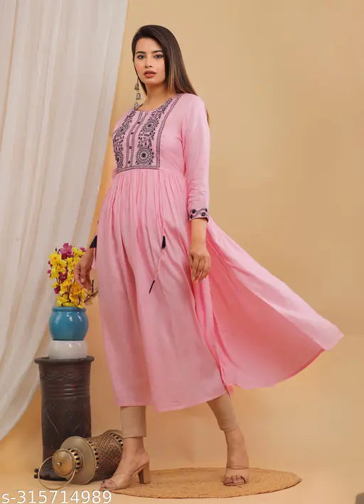 Neerja Fashion Naira Cut Calf Length Embroidery worked Rayon Kurti For Women