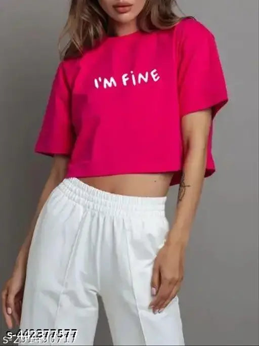 New I M FINE Print Pink Color Round Neck Half Sleeve Crop T Shirt For Girls/Women's