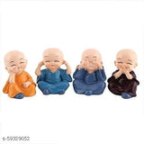 Generic Small Monk Laughing Buddha Set of 4, Polyresin, Multicolored, Suitable for Home Decor, Gifting, Car Dashboard