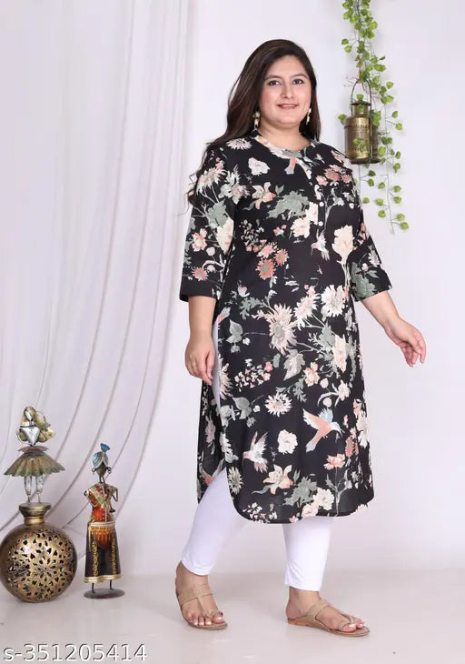 Women Plus Size Floral Print Pure Cotton Straight Kurta (Black)