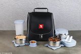 SUNLIFE - Refresh_7 Insulated Lunch Pack - 3Pc Stainless Steel Containers | 1Pc Plastic Paratha/Roti Box | 1Pc Chutney Jar | 1Pc 480ml Plastic Glass | 1 Set Spoon Fork | Insulated Fabric Bag Lunch Carrier (Refresh_7, Grey)