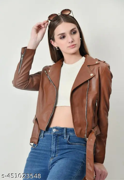 Tan short belt biker faux leather jacket