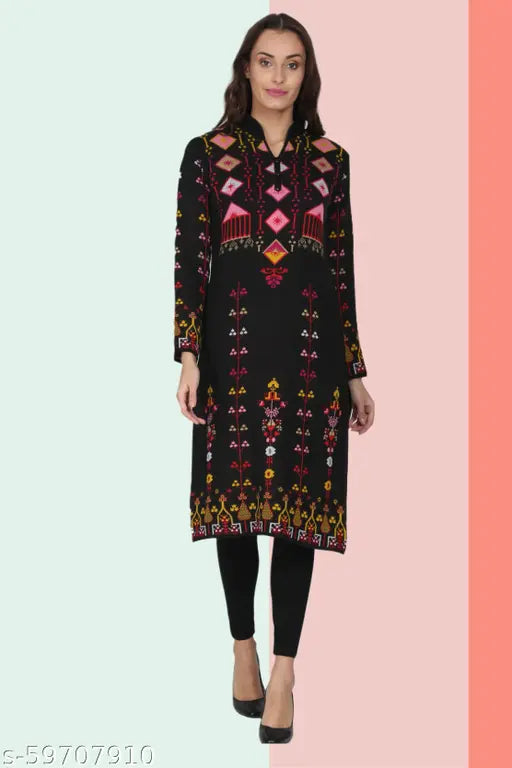 Women's Stylish Fashionable Casaul Wear Solid Straight Kurta A-line Printed Black Woollen Kurti For Women Winter Season