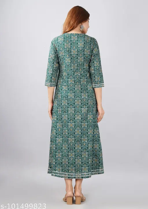 Women's Printed Lace Work Rayon Green Kurti