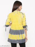 Kipek Women's Yellow & Grey Tie Dye Printed 60's Cambric Tunic with Sleeves Tie-up Tops & Tunic