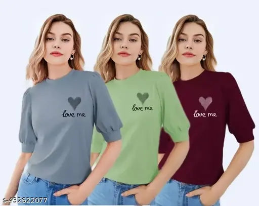 Trendy Sensational Women Half Sleevse Combo T-shirt| Puff Sleeves 3 piece T shirt For Girls| Ledis Tops and T-shirts '' PACK OF 3 PIECE T-SHIRT''