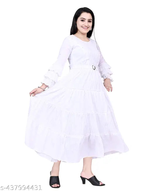 New Arrival Fancy White Calf Length Party Dress For Girls ( Pack of 1 )