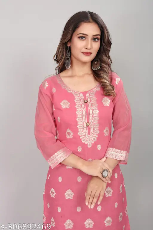 Women's A-Line Straight Cotton Kurti (Pink)