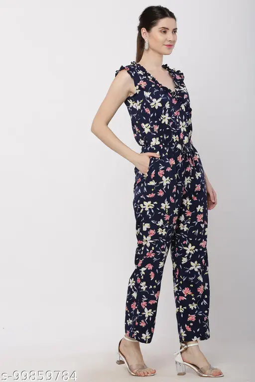 PRINTED WOMEN FLORAL BLUE CASUAL BACK CHAIN WITH FRONT DORI V-NECK JUMPSUIT