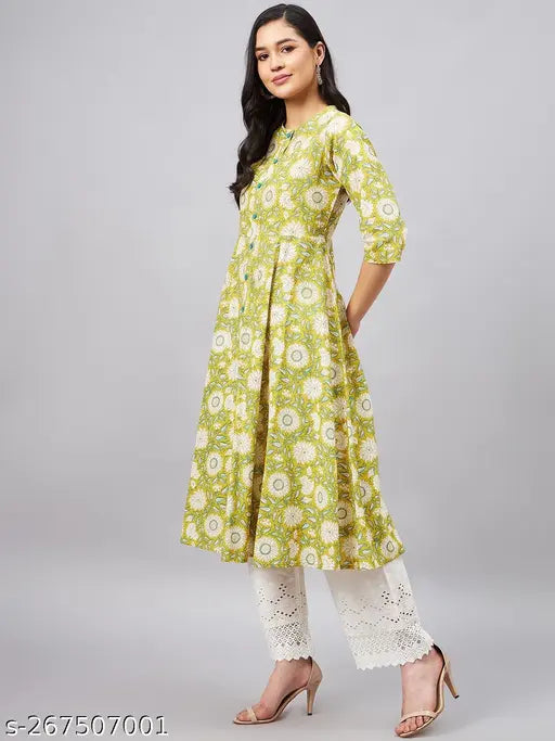 WineRed Women Yellow Floral A - Line Front Slit Kurta