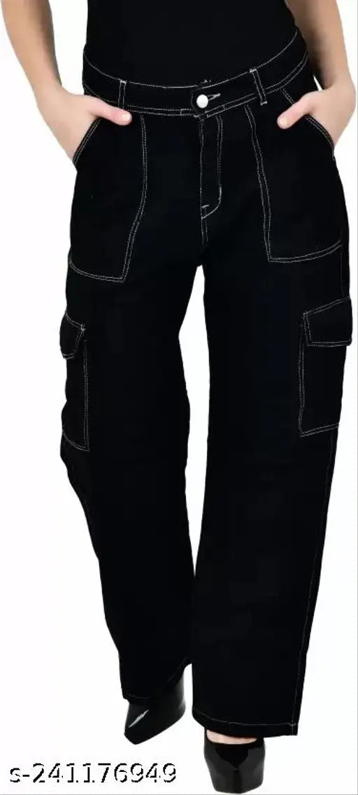 Baggy Jeans,UDHATIKRAMAN Straight Fit Black Cargo Pant For Girls/Ladies/Women.