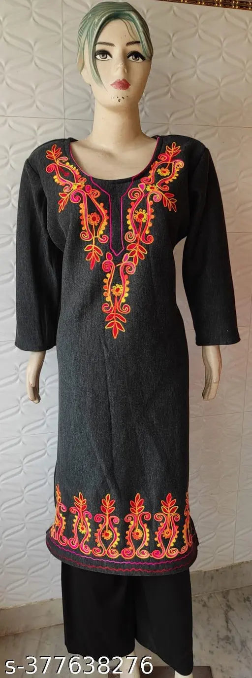 women's woolen aari thread work on neck and border in BLACK colour.