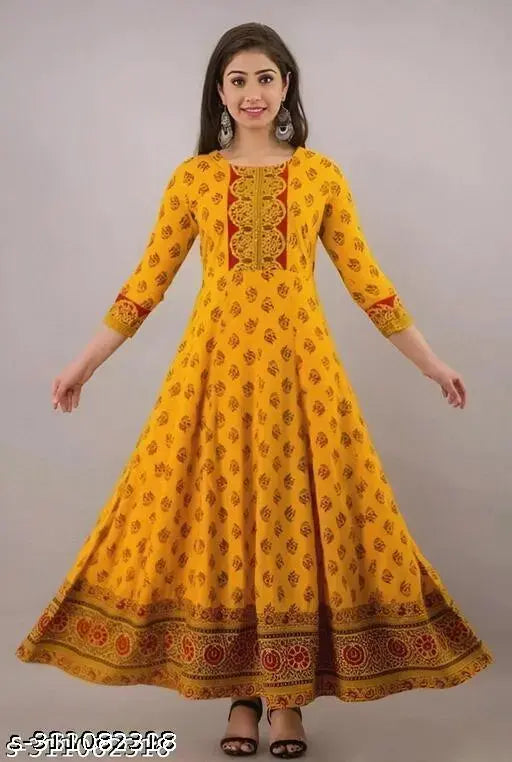 women's printed yellow anarkali jaipur kurti