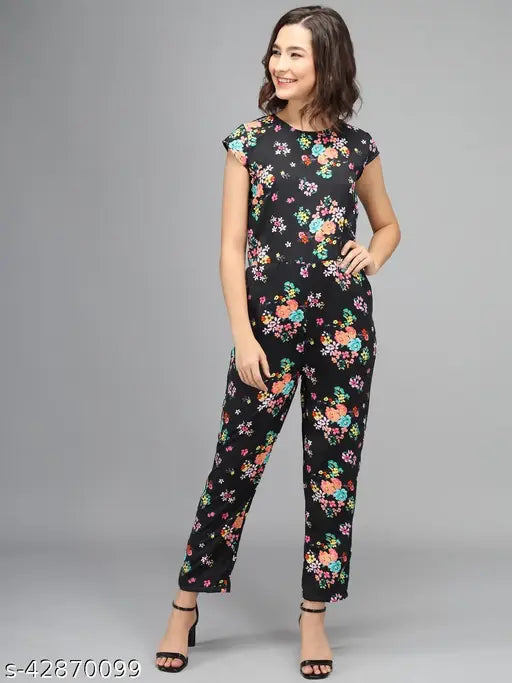 Vivient Women Black Color Orange Flower Printed Jumpsuit