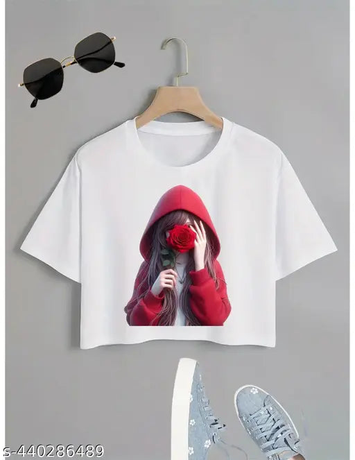 Crze Fashion New Latest Design Round Neck White Crop Top T shirt For Girl's