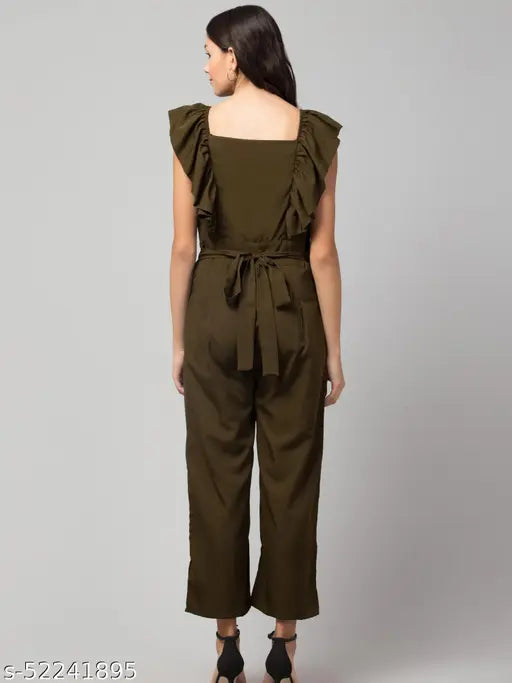 Pretty Partywear Women Jumpsuits | casual women frill sleeve jumpsuit | button open front frill jumpsuit