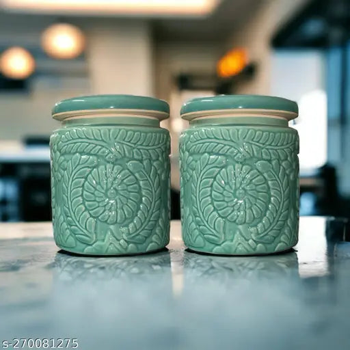 SOULCRAFTZ Ceramic Floral Jar || Pickle jar Storage Container || Cookie jars || Multi Utility Storage Jar || 1000 ml ceramic jars || Kitchen storage jars || Spice storage jars || Spice storage jars || Turquoise jar || Set of 2 ||