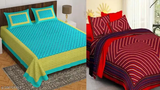 Cotton Fabrics Jaipuri Double Bed Bedsheet Combo Pack 2 Bedsheet with 4 Pillow cover