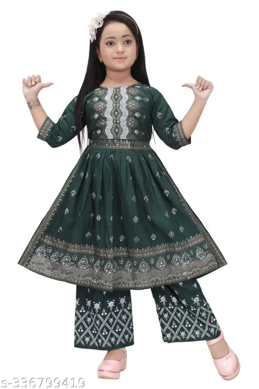 Green Color Printed Kid Girls Naira Cut Kurta set