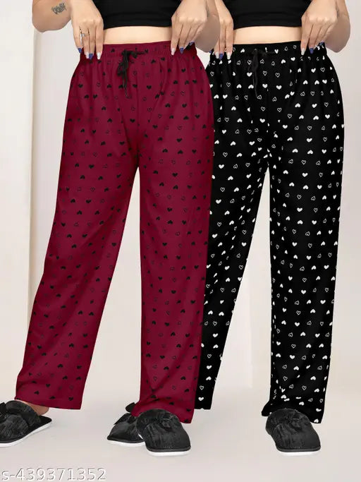 Women Maroon/Black Pack Of 2 Printed Pure Cotton Pyjamas.Combo Pack Of 2