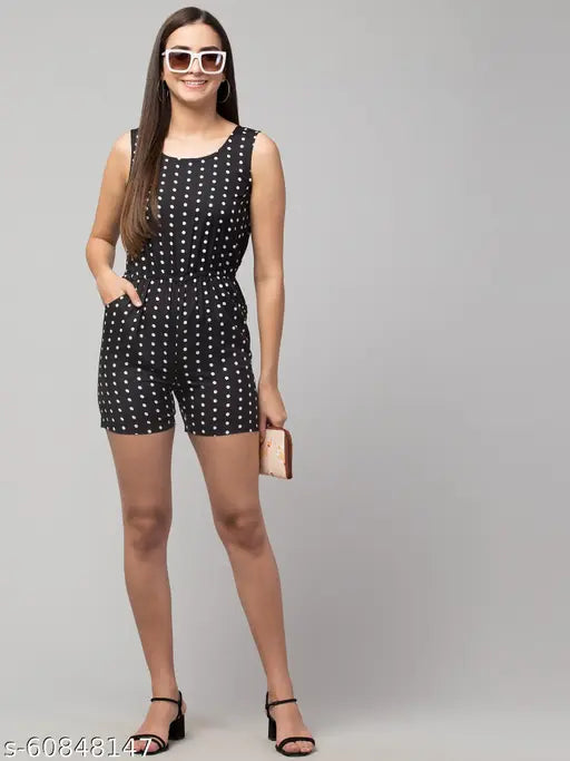 White Polka Dots On Black Print Romper