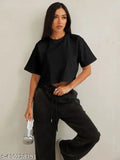 Solid-Half Sleeve Black Color Crop Top T-Shirt Casual Round Neck Drop Down Shoulder Loose Fit Summer Tees for Women's and Girls