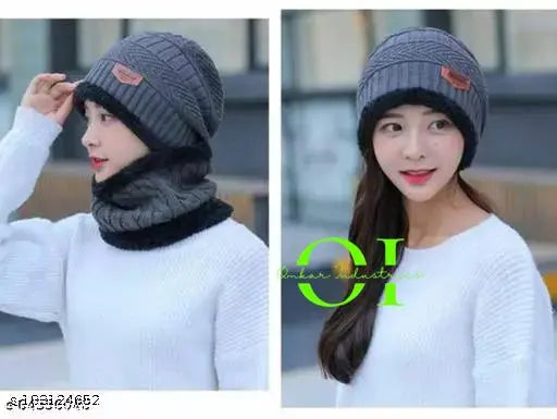 Attractive Women Caps Winter Beanie Hat Scarf Set Warm Knitted Thick Fleece Lined Winter Cap Scarves (Unisex freesize) Assorted Colors Best Deals On Gillkart By Omkar Industries®