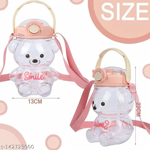 Elecart Transperent Smile Bear 1000ml Water Bottle with Straw, Cartoon Water Bottle BPA Free Built in Carrying Loop, Adjustable & Removable Shoulder Strap, Leak-Proof Drinking Bottle for Travel