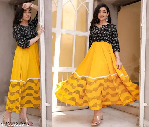 Yellow Printed Flaired Kurti