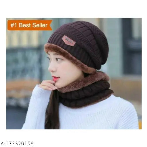 Nailingcraft clipper Woolen Beanie/Skull Cap & Neck Warmer (Muffler) Combo for Winters with Faux Fur Inner Side |Warm Hat| Hedging Hat Scarf Set | Winter Cap | Air Proof Cap | Woolen Cap | Ear Warmer | Brown |Caps & Hats