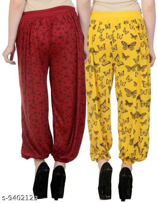 Uzmano Women's Printed Maroon_Yellow Harem Pants (Pack Of 2)