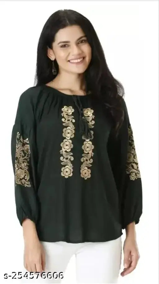 Comfy Latest Women Tops & Tunics Women Embroidered Viscose Rayon Flared Kurta (GREEN) WOMEN TOP AND TUNIC ORANGE GREEN EMBROIDERY TOP FOR GIRLS AND WOMENTOP WITH THREE QUATER SLEEVE WITH BORDER EMBROIDERY ON SLEEVE