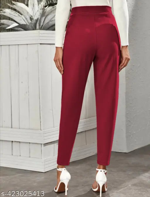 Casual Polyester Blend Narrow & 2 Side Pocket Mid Waist Maroon Trouser (42"inches)