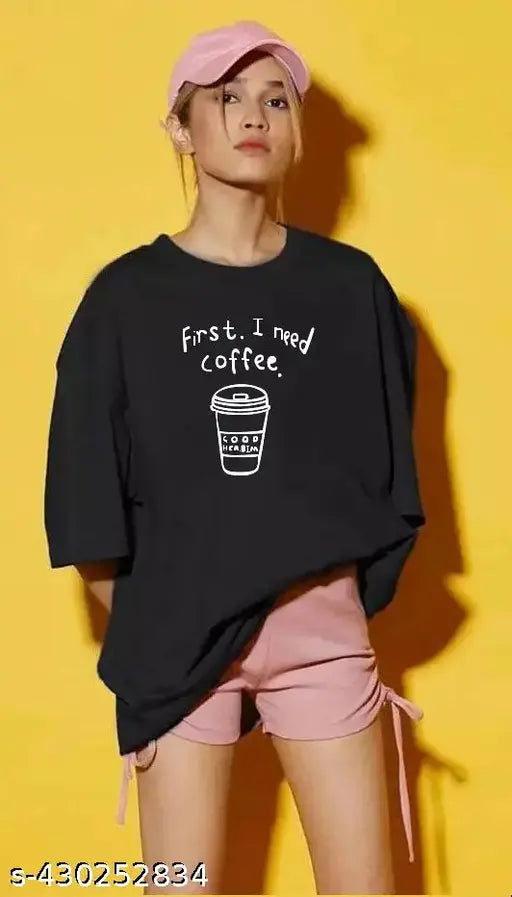 WOMEN OVERSIZE T-SHIRT BLACK-FIRST I NEED COFFEE