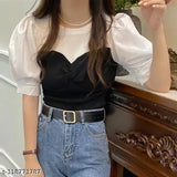 Women's Korean-Style Pullover O-neck Short Short Sleeve Stitching Chiffon Sleeves