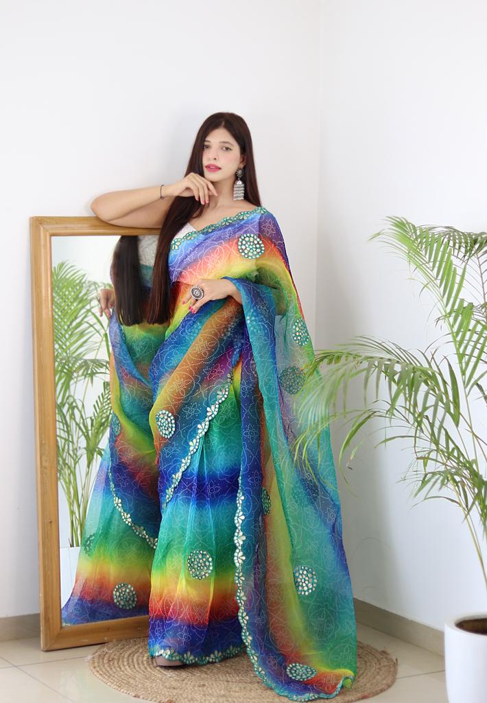 organza saree green multi colour - GillKart